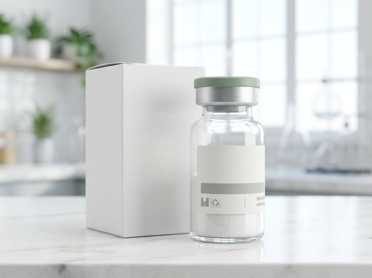 Compounded peptide vial and shipping box in a bright pharmacy